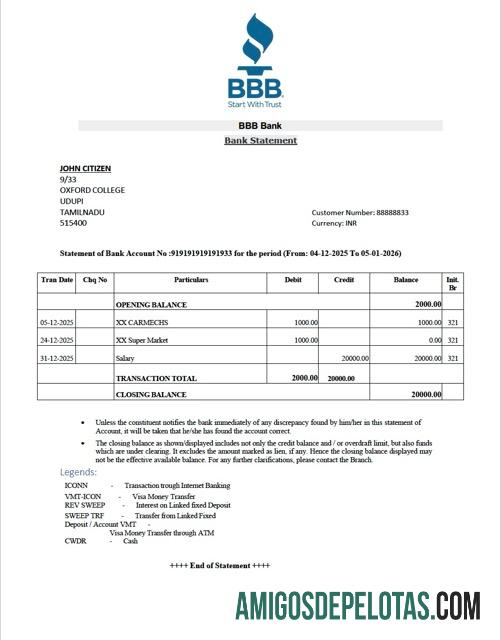 em branco Índia BBB Extrato bancário modelo Word e PDF